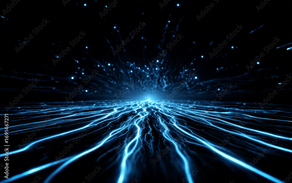 Poster blue glowing lines and points forming a futuristic technological pattern