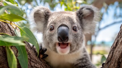 Fototapeta premium Adorable Koala Close-Up: A Captivating Portrait of Australian Wildlife in its Natural Habitat, showcasing expressive eyes