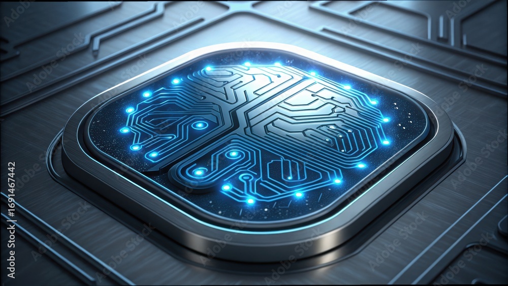Poster futuristic neural interface with glowing circuit pattern and design