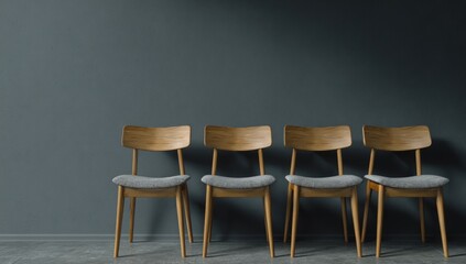 Four simple wooden chairs against a dark wall