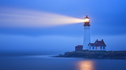 A lighthouse emitting a powerful beam of light across the foggy coastline