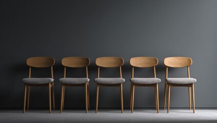 Empty chairs in a row against a dark wall