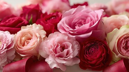 Fototapeta premium Elegant Close-Up of Multicolored Roses with a Silk Ribbon, Ideal for Wedding or Valentine's Day