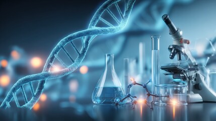 DNA Helix Visualization with Microscope and Lab Equipment for Scientific Research and Development