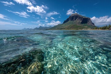 Coastal scene, crystal-clear water, tropical island
