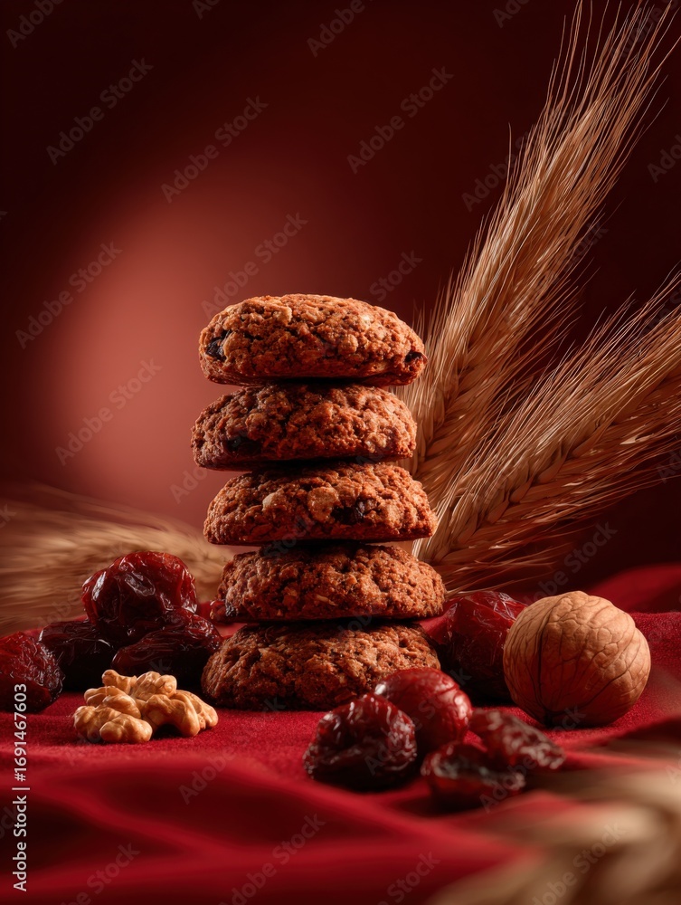 Poster stack of freshly baked oatmeal cookies with dates and walnuts on a red background