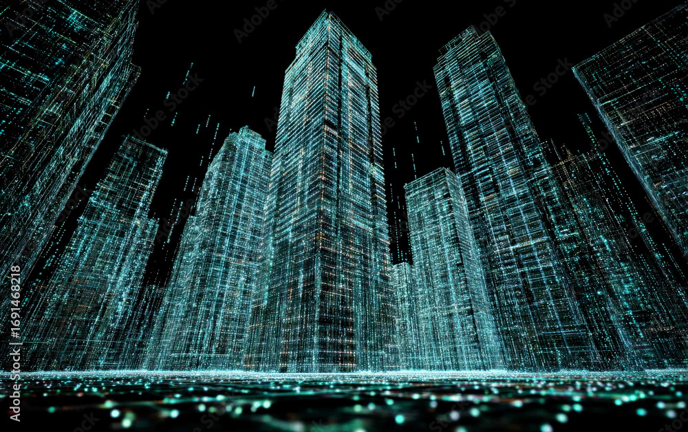 Poster digital cityscape with interconnected buildings and data lines