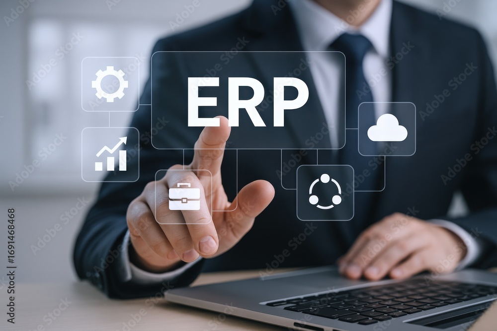 Poster professional using interface to manage enterprise resource planning via cloud technologies and digit