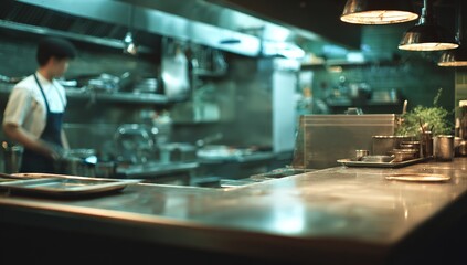Blurry restaurant kitchen interior