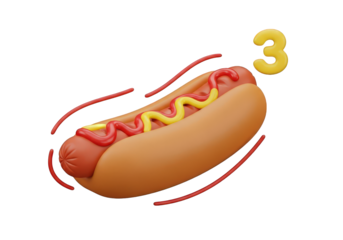 Delicious Cartoon Hotdog with Ketchup and Mustard Toppings, Floating with a Number Three, Ideal for Fast Food Promotions and Playful Graphic Designs