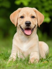 Adorable Yellow Labrador Puppy Smiling in a Lush Green Meadow, Expressing Joy and Playfulness