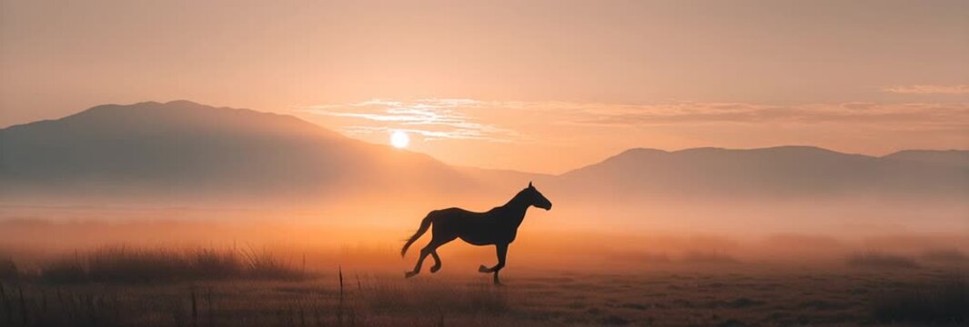 Sunset Horse Silhouette: A majestic horse gallops freely across a misty field under a breathtaking sunset, evoking feelings of freedom, grace, and the wild spirit of the countryside.