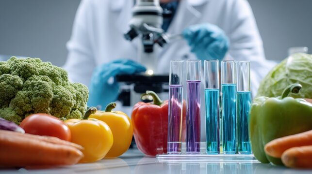Food science laboratory research: Analyzing fresh vegetables with microscope for quality control and nutritional enhancement.