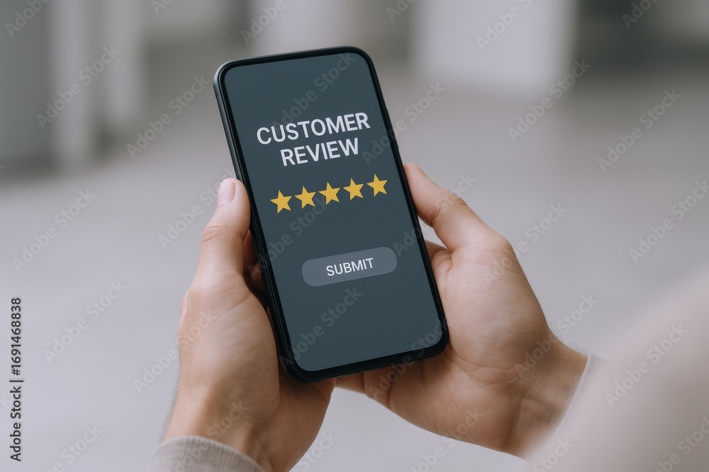 Poster customer feedback mobile application: displaying five star rating on smartphone held by user for onl