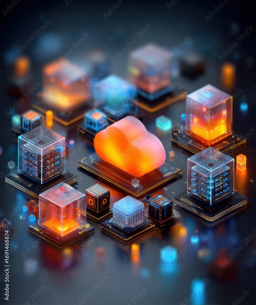 Poster cloud computing architecture with glowing blocks representing servers and data flow for high-tech co