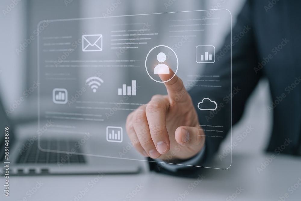 Poster businessman interacting with digital interface displaying user icon, cloud computing, and data analy
