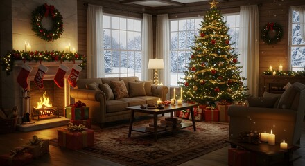 Cozy living room decorated for Christmas with a tree and fireplace.