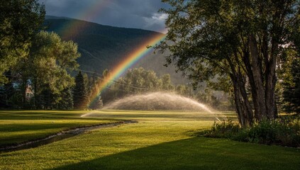 A vibrant rainbow arches over a golf course, with sprinklers watering the green