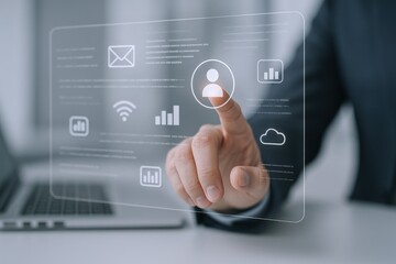 Businessman Interacting with Digital Interface Displaying User Icon, Cloud Computing, and Data Analytics for Technology Solutions