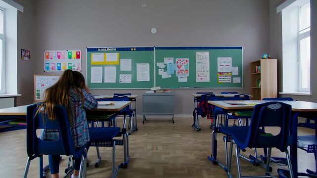 Studious Young Girl Immersed in Learning at School Desk in Classroom