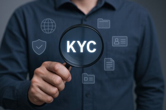 KYC Verification: Man Holding Magnifying Glass Emphasizing Know Your Customer Compliance with Digital Icons - Powered by Adobe
