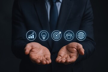 Strategic Business Development: Man Presenting Growth, Innovation, Targeting, Teamwork, and Globalization Icons
