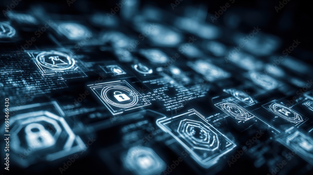 Poster cybersecurity interface with lock icons: data protection and digital security concept, futuristic di