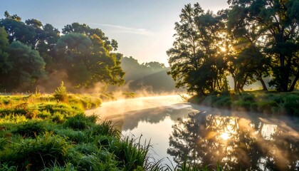 Misty sunrise over a river
