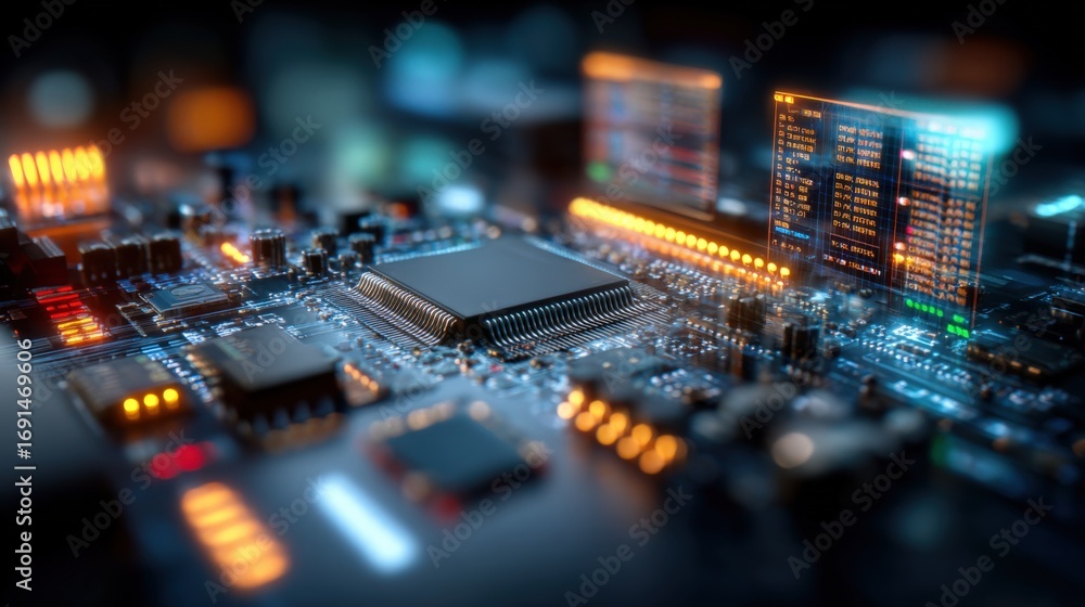 Poster advanced microchip technology with glowing circuits for high-tech industry and future innovations