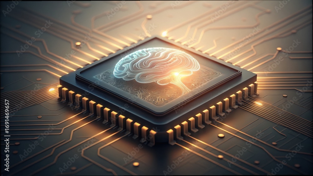 Aufkleber glowing wetware chip with brain design on circuit board background