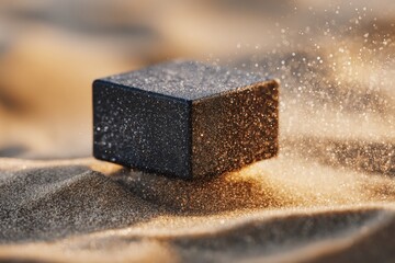 Dark square object resting on sand, with sand particles flying around