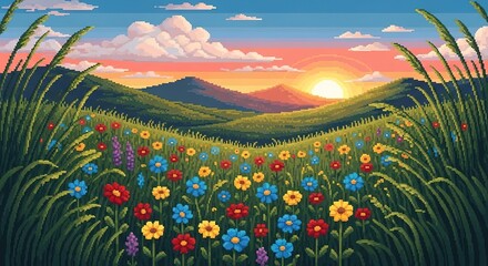 Fototapeta premium Pixelated Meadow: Vibrant Flowers at Sunset with Rolling Hills a