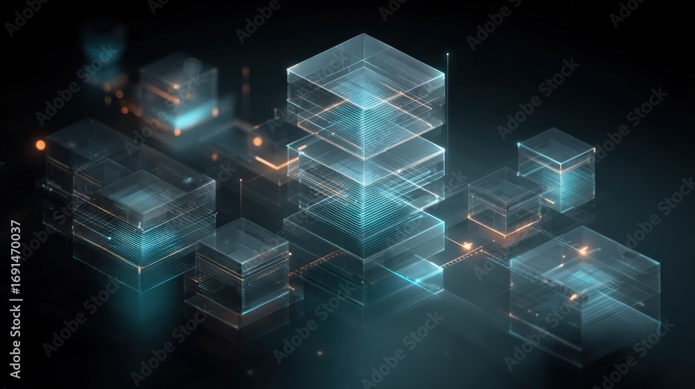 Poster abstract data blocks with glowing connections: modern technology and network visualization for busin