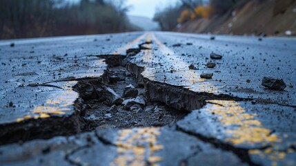 Highway split apart by earthquake, broken asphalt, tilted ground, natural disaster concept.