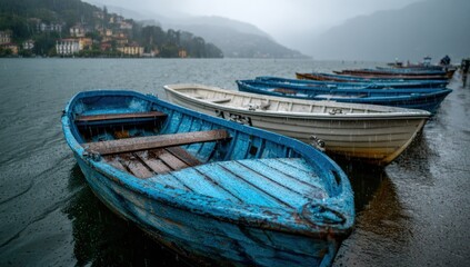 Obraz premium Rowboats on a rainy lake