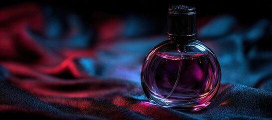 Perfume bottle on a dark fabric with vibrant lighting