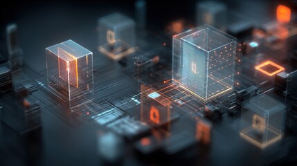 Abstract futuristic technology with glowing cubes, data transmission, and modern circuit board patterns