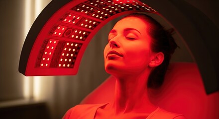 Serene woman under red light therapy device with closed eyes and