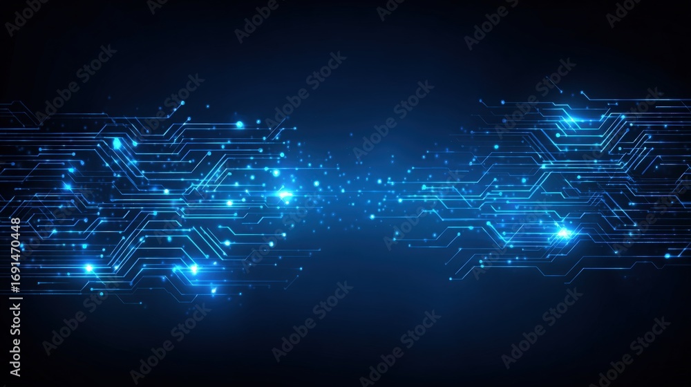 Poster futuristic abstract technology background with glowing circuit board pattern and dark blue light eff