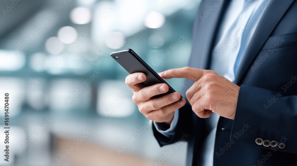 Poster businessman using smartphone. professional man in suit using mobile phone for communication and conn