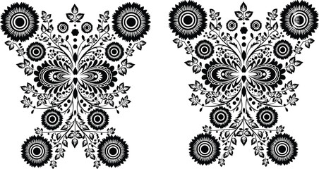 CAD drawing flat vector illustration, symmetrical floral artwork, central flower motif, botanical ornament sketch, decorative black and white design