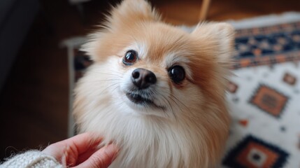 Adorable Pomeranian Dog Looking Upward, Receiving Affection with a Gentle Human Hand