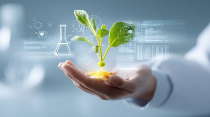 Plant Biotechnology Research: Scientist Holding Sprout with Digital Enhancement Showcasing Genetic Engineering and Sustainable Agriculture Concepts