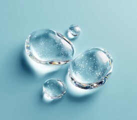 Transparent Gel Droplets on Light Blue Background, Liquid Serum, Hydration for Healthcare and Cosmetic Product