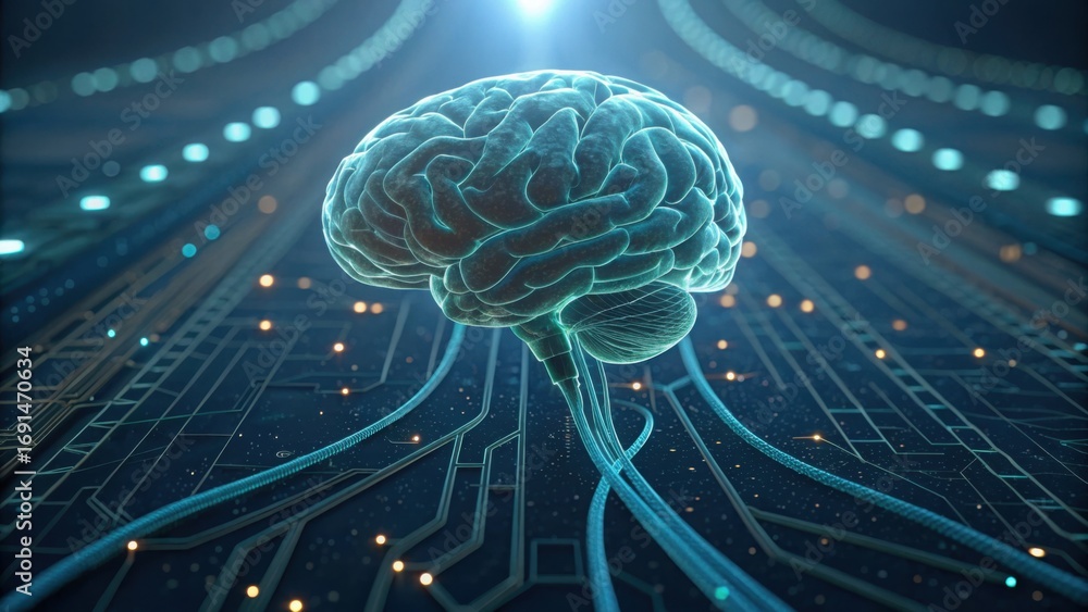 Poster digital brain with neural impulses passing through nanowires