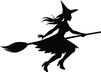 silhouette vector of a witch flying on a bro