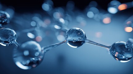 Molecular Structure Visualization: Close-Up Render of Transparent Spheres with Connecting Bonds on a Blue Gradient Background