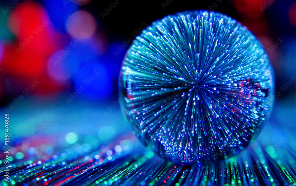Poster shiny blue spherical object with colorful background lights
