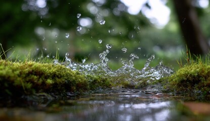 Fototapeta premium Water splash on moss-covered ground (1)
