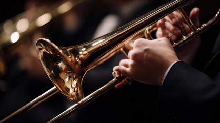 Obraz premium Orchestral Brass Instrument Performance: Close-Up of Trombone Player in Concert, Showcasing Musical Artistry and Classical Music